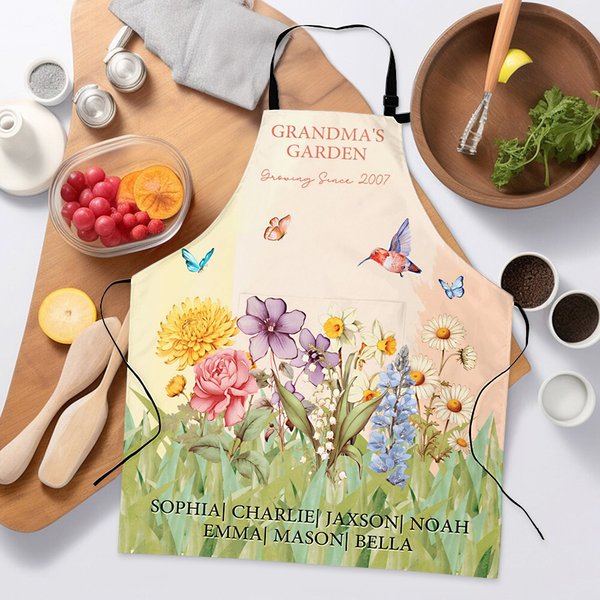 Tablier réglable avec texte et poche frontale personnalisé Grandma's Garden 2-15 Birth Flowers Cadeau d'anniversaire pour Grandma Cooking Lover