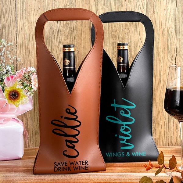 Personalized Scripty Style PU Leather Protective Wine Bag with Name and Handle  Dinner Party Anniversary Wedding Gift for Wine Lover