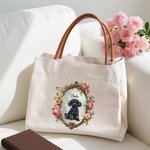 Personalizzato Vintage Ritratto floreale Riutilizzabile Borsa Tote in tela con nome e maniglia in pelle PU Viaggio Essenziale Regalo di compleanno per le donne