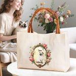 Personalizzato Vintage Ritratto floreale Riutilizzabile Borsa Tote in tela con nome e maniglia in pelle PU Viaggio Essenziale Regalo di compleanno per le donne