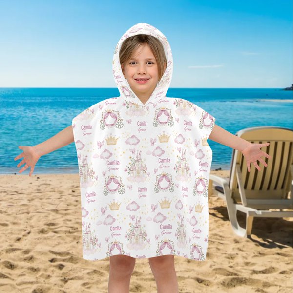 Personlig prinsesseslott Mykt hettehåndkle med hette med navn Bursdag Barnas dag Strandbassengfestgave til barn