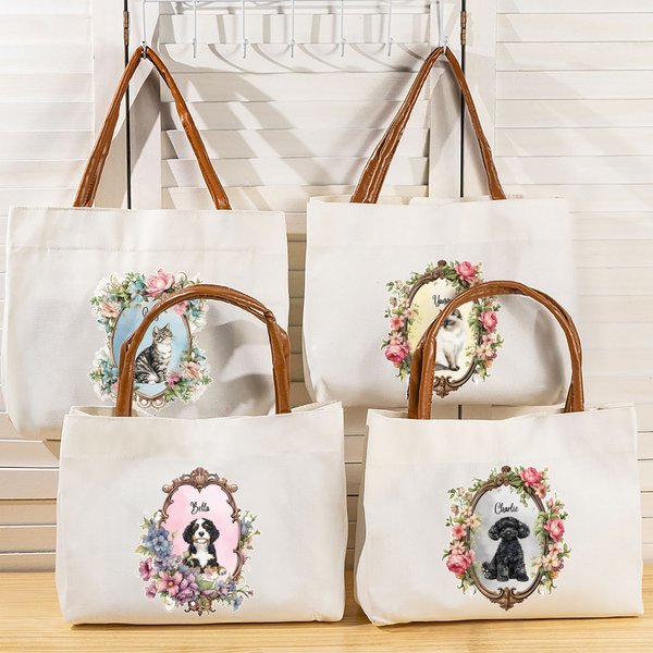 Personalised Vintage Floral Portrait Reusable Canvas Tote Bag with Name and PU Leather Handle Travel Essentials Birthday Gift for Women