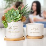 Personalized Love Grows Name Ceramic Succulent Planter Pot with Drainage Hole and Bamboo Base Home Decor Wedding Gift for Lover
