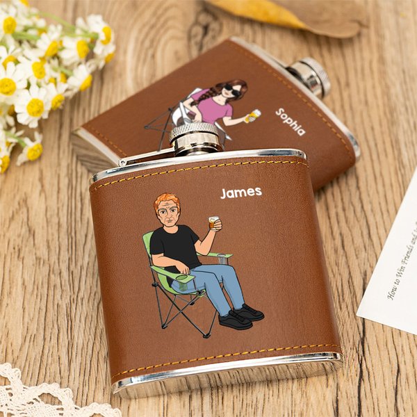 Personalised Cartoon Character 6 oz Stainless Steel Liquor Hip Flask with Leather Cover and Name Birthday Valentine's Day Gift for Husband Boyfriend