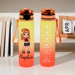 Personalised Cartoon Y2K Girl 32 oz Motivational Sport Water Bottle with Time Marker and Name Anniversary Birthday Gift for Girls Y2K Lovers