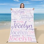 Coperta da spiaggia personalizzata multicolore con nome, nuvola di parole ad asciugatura rapida, regalo di compleanno per donne e uomini.