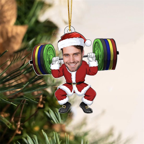Personalised Face Photo Santa Claus Weightlifting Hanging Acylic Ornament Funny Gym Christmas Tree Decor Gift for Fitness Lovers Workout Buddies