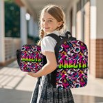 Personalised Colourful Graffiti Style Name Backpack Lunch Bag Pencil Case Set Back to School Birthday Gift for Boys Girls Students