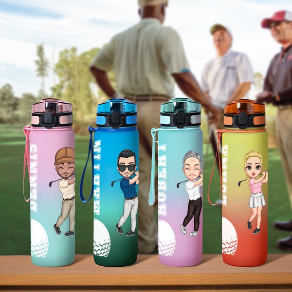 Personalised Cartoon Golf Character 32 oz Motivational Sport Water Bottle with Time Marker and Name Birthday Gift for Golf Enthusiasts