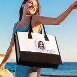 Personalised Blue Birth Flower Cartoon Character Black and White Canvas Tote Bag with Name Travel Essentials Birthday Wedding Gift for Women Girls