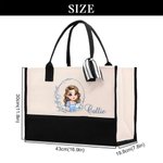 Personalised Blue Birth Flower Cartoon Character Black and White Canvas Tote Bag with Name Travel Essentials Birthday Wedding Gift for Women Girls