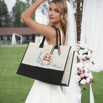 Personalised Blue Birth Flower Cartoon Character Black and White Canvas Tote Bag with Name Travel Essentials Birthday Wedding Gift for Women Girls