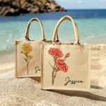 Personalised Birth Flower Large Beach Jute Tote Bag with Name Mother's Day Birthday Wedding Party Gift for Women