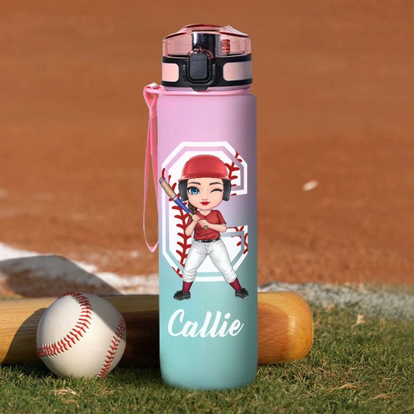Henkilökohtainen Softball Baseball Cartoon Character 32 oz motivoiva urheilu vesipullo nimellä ja aikamerkillä Syntymäpäivälahja urheilun ystäville