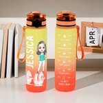 Personalised Cartoon Fitness Character Name 32 oz Gradient Water Bottle with Time Marker Motivational Birthday Sports Gift for Women Fitness Lovers