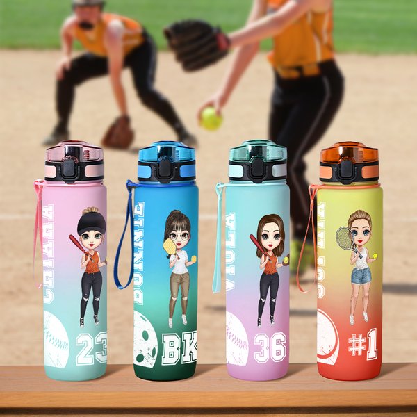 Personalized Baseball Tennis Pickleball Cartoon Character Name 32 oz Sport Water Bottle with Number Scale Birthday Gift for Women Ball Sport Lovers