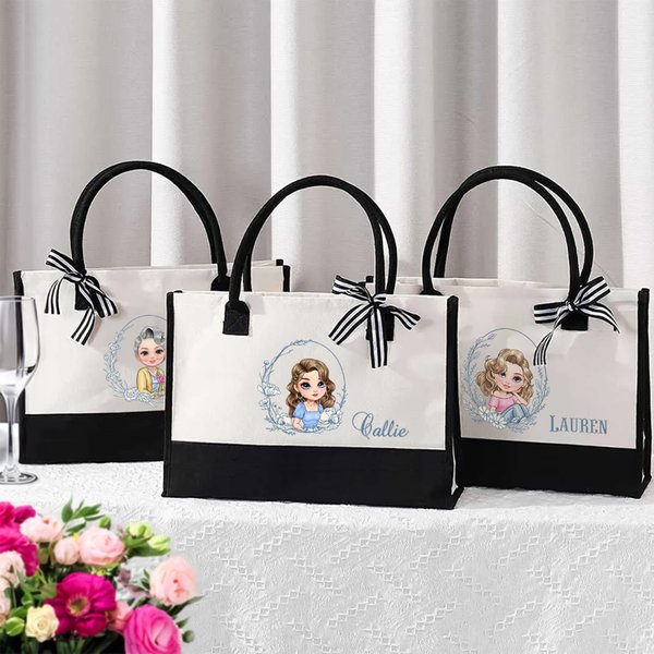 Personalised Blue Birth Flower Cartoon Character Black and White Canvas Tote Bag with Name Travel Essentials Birthday Wedding Gift for Women Girls