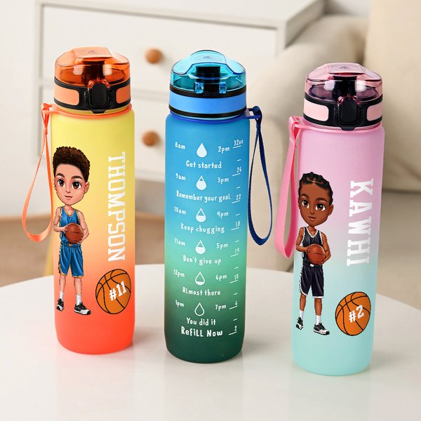 Personalised Cartoon Basketball Boy 32 oz Gradient Sport Water Bottle with Name and Time Marker Match Day Birthday Gift for Gym Sports Lovers