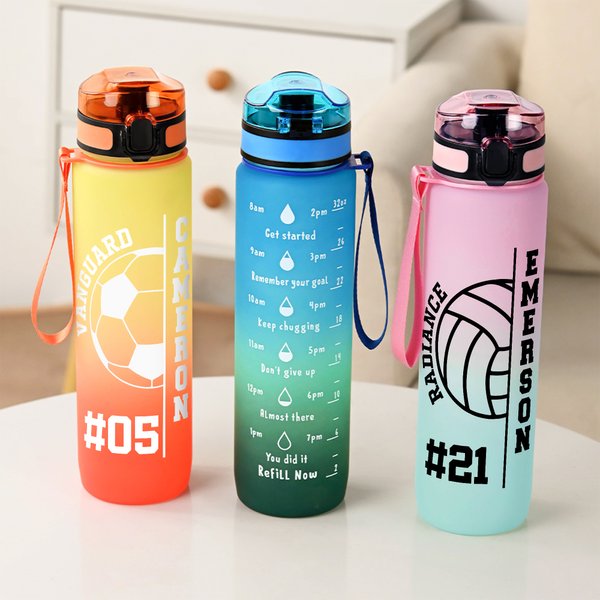 Personalised Tennis Badminton Ball 32 oz Motivational Sport Water Bottle with Time Marker and Name Birthday Gift for Sports Enthusiasts