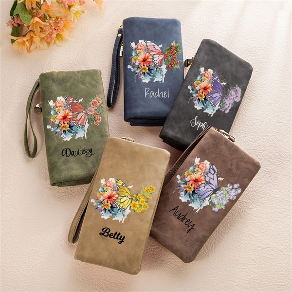 Personalisierte Geldbörse aus PU-Leder im Schmetterlings- und Geburtsblumen-Design mit Namen und Kartenfächern Geburtstag Jahrestag Geschenk für Damen