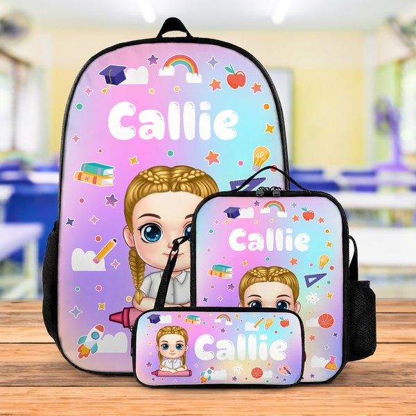 Personalised Multicolour Rainbow Book Cartoon Character Backpack Lunch Bag Pencil Case Set with Name Back to School Birthday Gift for Boys Girls