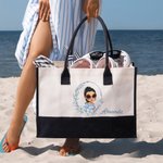 Personalised Blue Birth Flower Cartoon Character Black and White Canvas Tote Bag with Name Travel Essentials Birthday Wedding Gift for Women Girls