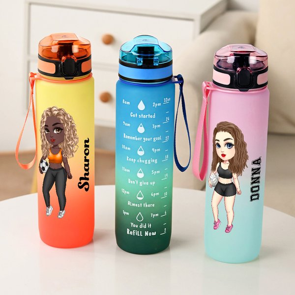 Personlig Gradient Cartoon Basketball Volleyball Fotball Jente 32 oz Lekkasjesikker motiverende vannflaske med navn Maker Gave til Gym Sports Lovers