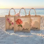 Personalised Birth Flower Large Beach Jute Tote Bag with Name Mother's Day Birthday Wedding Party Gift for Women
