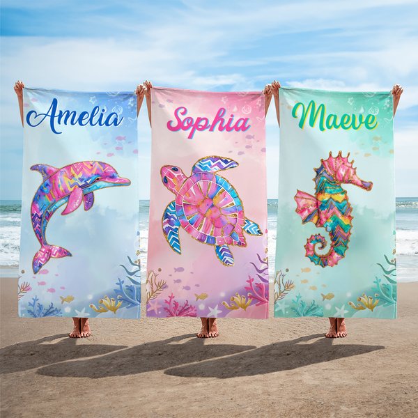 Personalised Watercolor Ocean Animals Oversized Quick Dry Beach Towel with Name Summer Vacation Accessory Birthday Gift for Family Friends