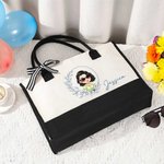 Personalised Blue Birth Flower Cartoon Character Black and White Canvas Tote Bag with Name Travel Essentials Birthday Wedding Gift for Women Girls