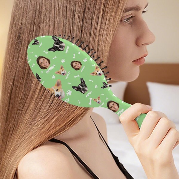 Personalized Paw Print Bone 1-3 Face Photos Air Cushion Comb with Name and Handle Multicolor Daily Use Birthday Gift for Women Girls Pet Lovers