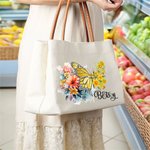 Personalized Birth Flower Butterfly Canvas Tote Bag with Name and Leather Handle Travel Essentials Birthday Anniversary Gift for Women