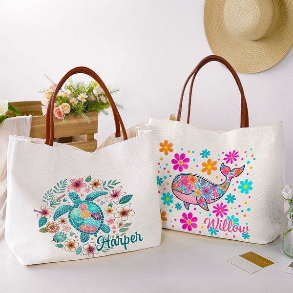 Personalizzato floreale tartaruga cavalluccio marino balena delfino Tela Tote Bag con nome e manico in pelle Festa regalo di compleanno per le donne