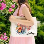 Personalized Birth Flower Butterfly Canvas Tote Bag with Name and Leather Handle Travel Essentials Birthday Anniversary Gift for Women
