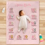 Personalized Cute Animal Monthly Milestone Blanket with Name Photo Prop Birthday Baby Shower Gift for Newborns