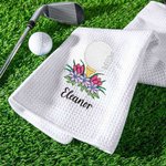 Personalized Embroidered Golf Ball Flower Absorbent Golf Towel with Text and Hanging Clip Game Day Birthday Gift for Golf Player Lover