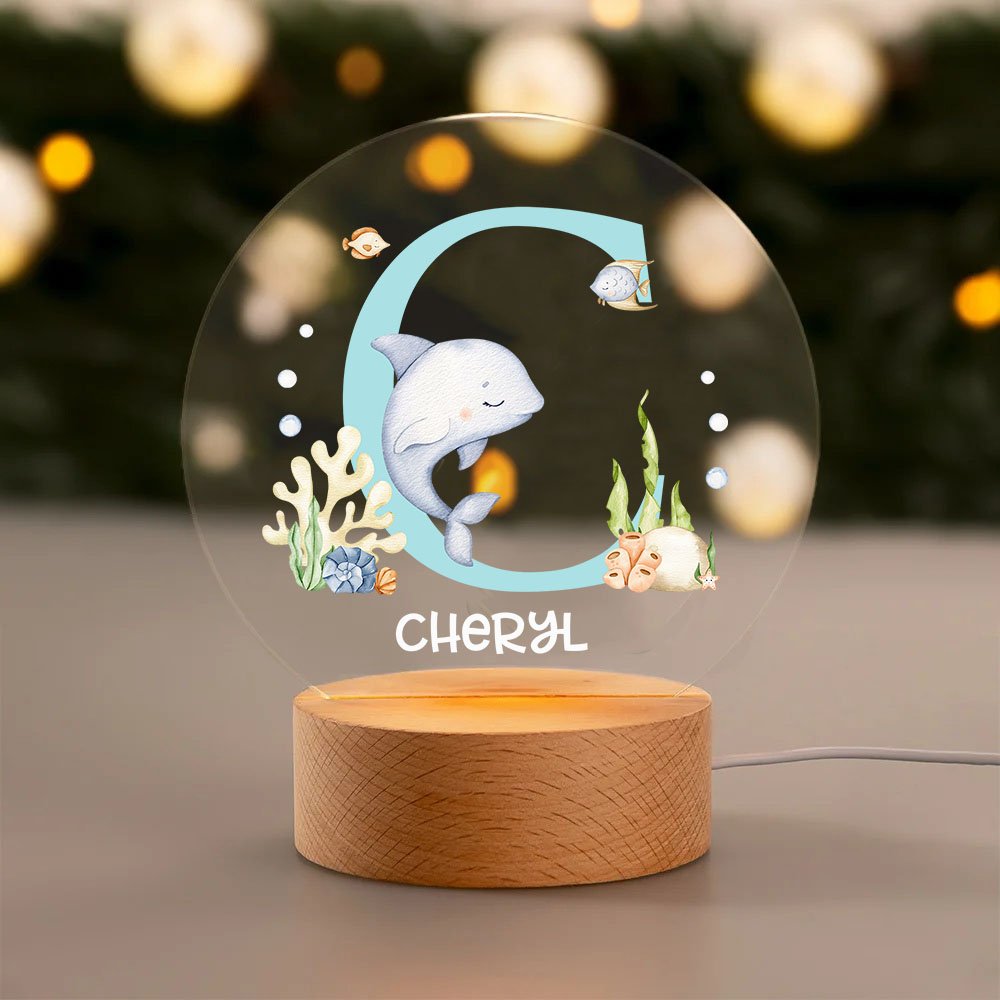 Linterna nocturna LED personalizada con iniciales de animal marino, nombre y base de madera Decoración de habitación infantil Regalo de cumpleaños Baby Shower para niños 5