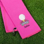 Personalized Embroidered Golf Ball Flower Absorbent Golf Towel with Text and Hanging Clip Game Day Birthday Gift for Golf Player Lover