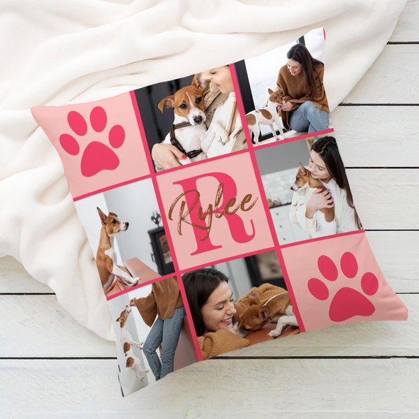 Personalized Multicolour Paw Print Pet Photos Soft Throw Pillow Cover with Name and Initial Home Decor Birthday Gift for Pet Lovers Owners