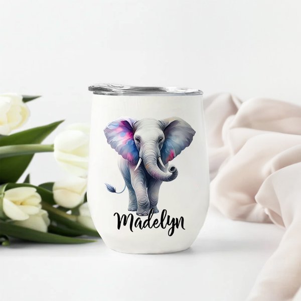 Personalized Watercolor Elephant 12 oz Insulated Wine Tumbler with Name and Spill-Proof Lid Birthday Travel Gift for Family Friends