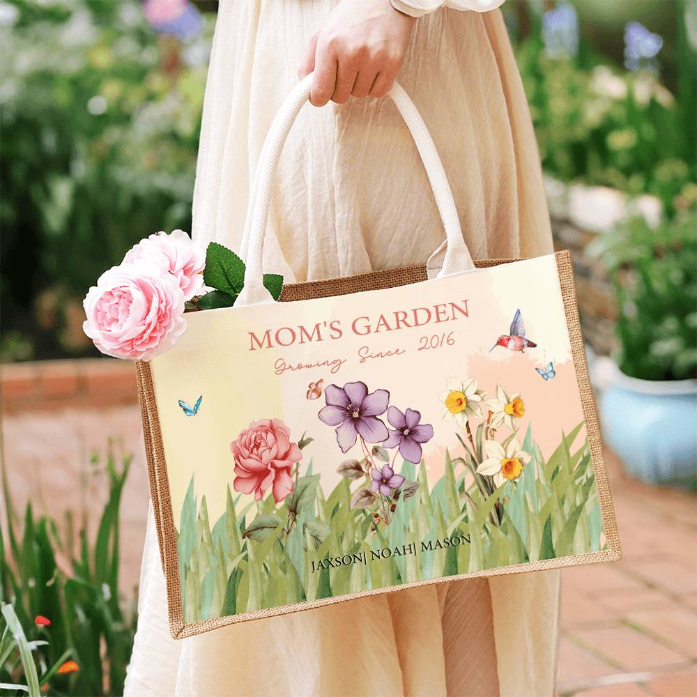 Custom Birth Flowers Grandma's Garden Tote Bag with Names & Year, Large Capacity Canvas Jute Bag, Birthday/Anniversary Gift for Mom/Grandma/Family