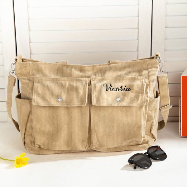 Personalised Corduroy Zipper Crossbody Tote Bag with Embroidered Name Multiple Pockets Travel Accessories Back to School Gift for Family Friends