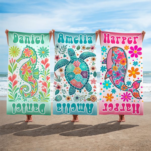 Serviette de plage personnalisée avec nom et motif d'animal marin - Style de l'illustration florale - Cadeau anniversaire pour la famille et les amis
