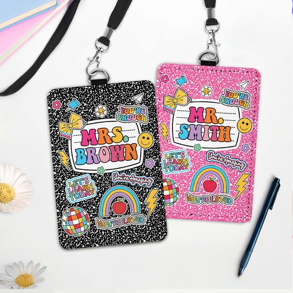Gepersonaliseerde schattige boog potlood PU lederen ID Badge houder met tekst en sleutelkoord terug naar school Waardering Teacher's Day Gift voor leerkracht