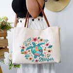 Personalizzato floreale tartaruga cavalluccio marino balena delfino Tela Tote Bag con nome e manico in pelle Festa regalo di compleanno per le donne