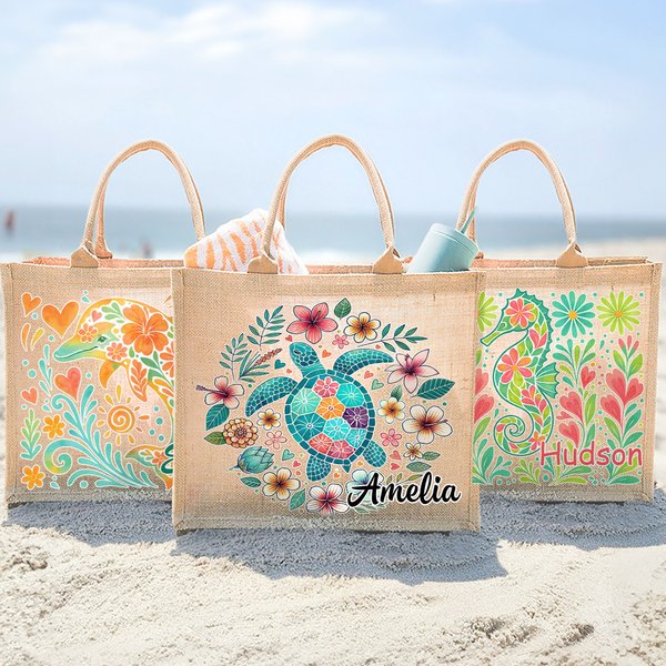 Bolsa de yute grande personalizada con nombre Fiesta en la playa Esencial Cumpleaños Aniversario Regalo de viaje para mujeres Amigos