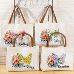 Personalized Birth Flower Butterfly Canvas Tote Bag with Name and Leather Handle Travel Essentials Birthday Anniversary Gift for Women