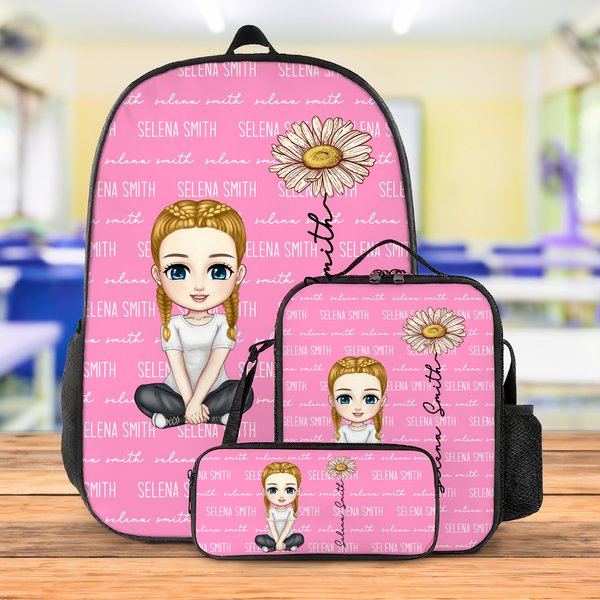 Personalised Cute Cartoon Birth Flower Multicolour Backpack Lunch Bag Pencil Case Set with Name Back to School Birthday Gift for Boys Girls