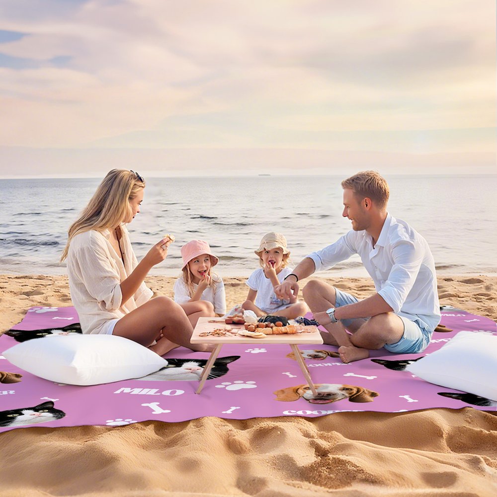 Personifierad Bones Paw Prints 1-3 Ansiktsfoton Mångsidig filt Picknickmatta med namn Strand Resa Camping Vandring Present för husdjursälskare Familj 5