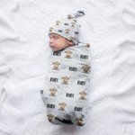 Personlig søt sky Moon Highland Cow Baby Swaddle Knotted Hat Set Teppe med navn Kommer hjem antrekk Bursdag Baby Shower Gave til nyfødte